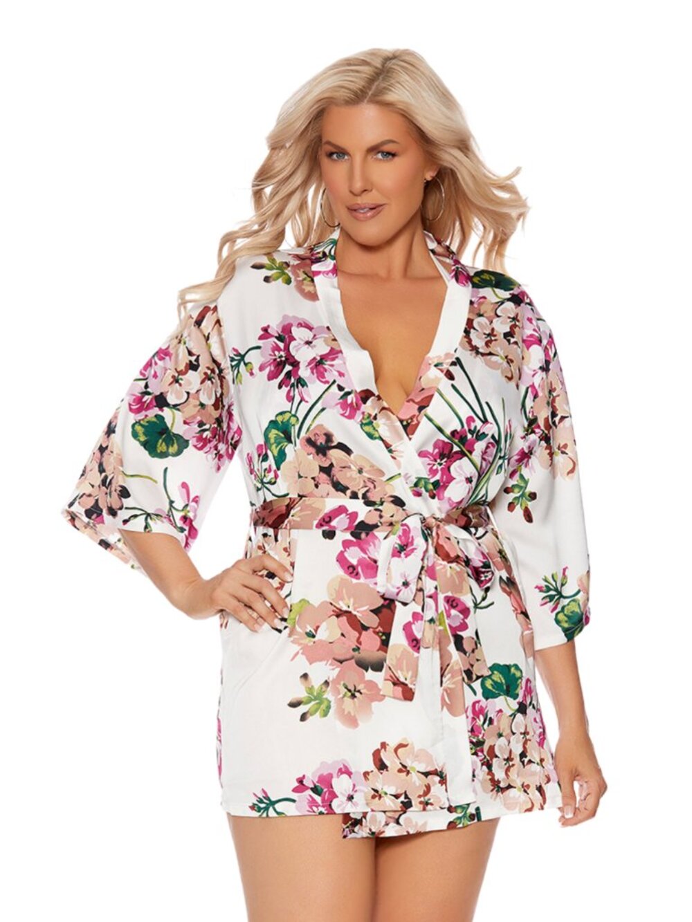 Plus Size Floral Satin Kimono Robe 1X / 2X